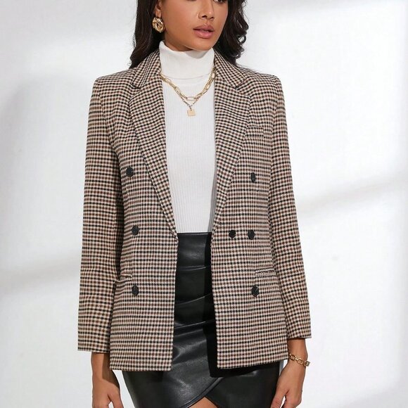 Khaki Preppy Womens Plaid Lapel Collar Double Breasted Blazer - Picture 4 of 5